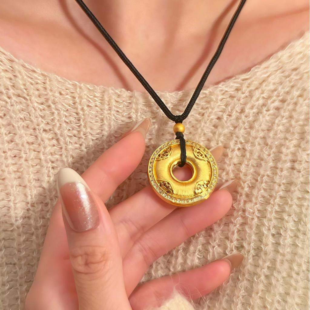 Chinese-Style Gold-Plated Peace Buckle Pendant Necklace with Rhinestones & Black Cord