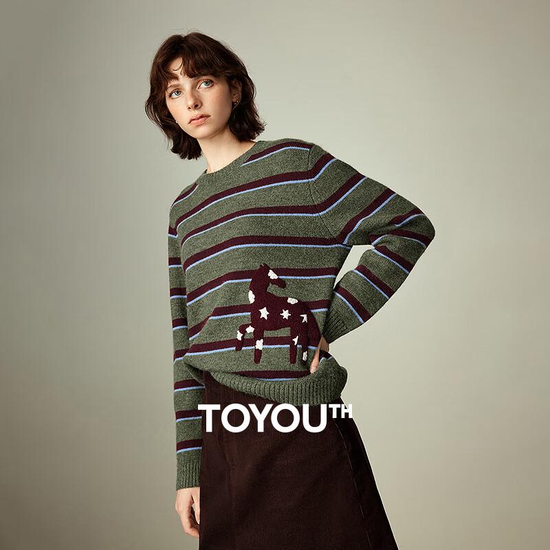 Women's Retro Striped Embroidered Round Neck Sweater