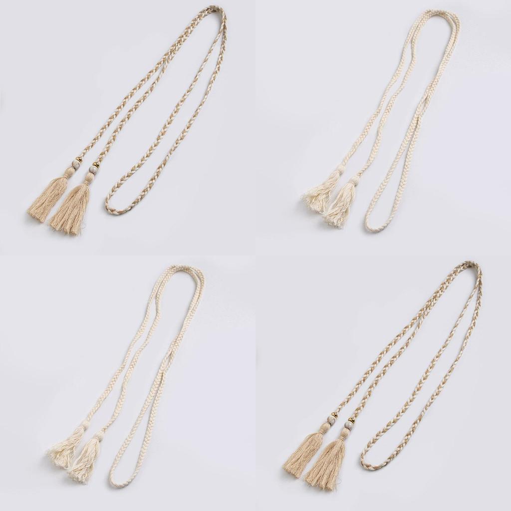 Ethnic Style Cotton Linen Waist Rope With Wooden Beads And Tassels For Casual Wear