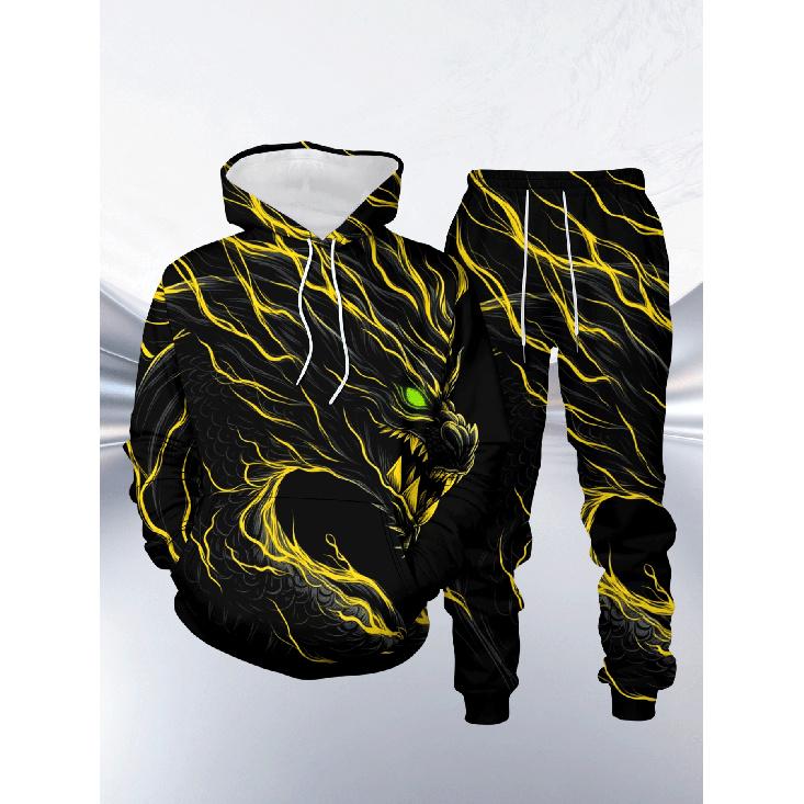 Black Golden Thunder Dragon 3D Printed Men s Casual Hoodie 2pcs Set S