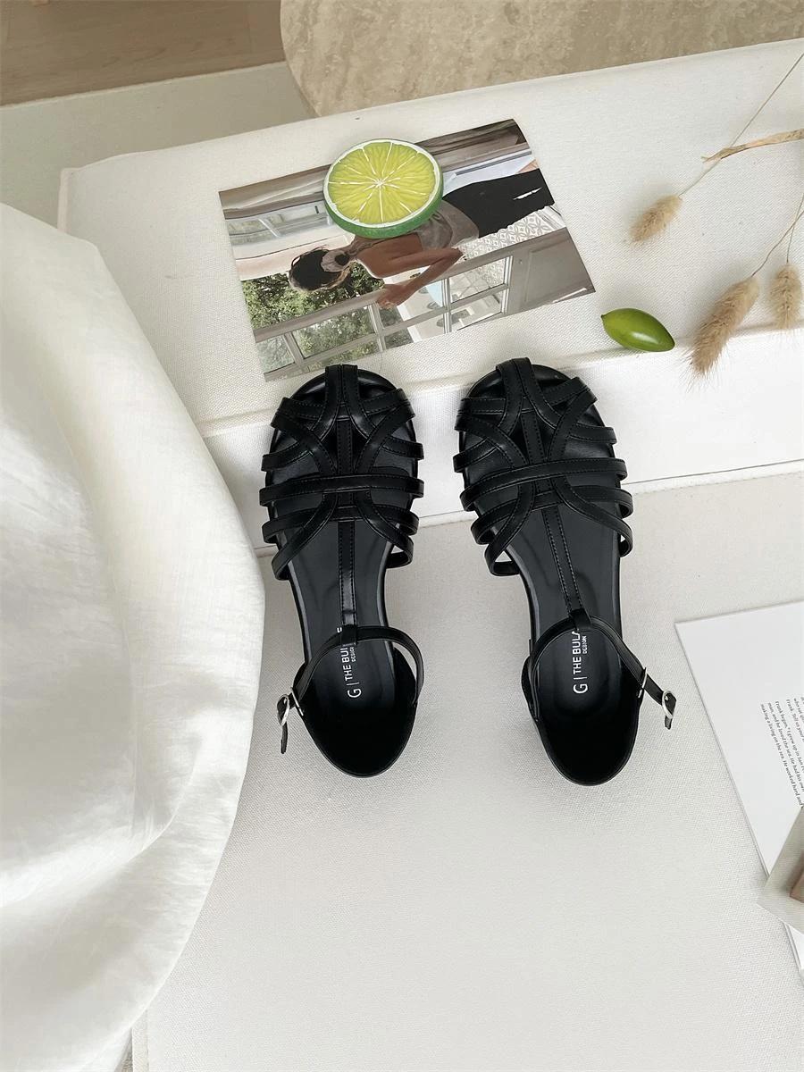 

Взуття для жінок 2025 Мода Літо Ремінець з пряжкою Плетіння Ажурні Жіночі сандалі Круглий носок Плоска підошва Ошатні сандалі Жіночі 39 чорний