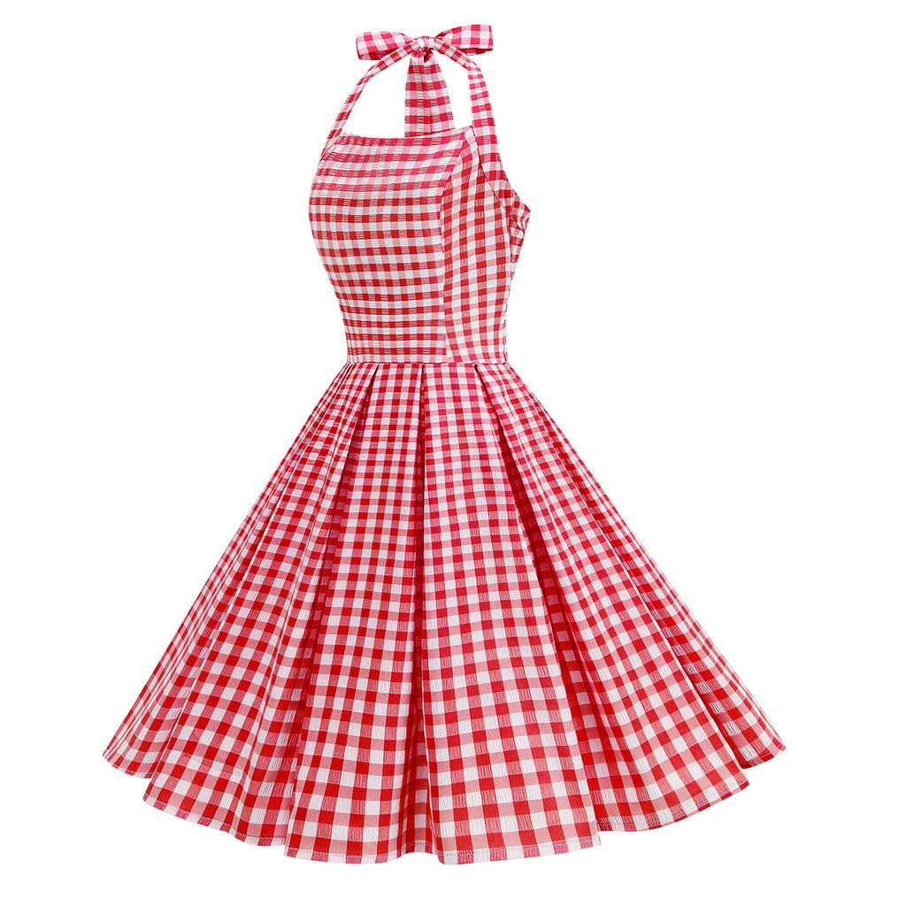 Checked, off-the-shoulder, figure-hugging, edgy, backless, sexy, pleated, vintage halter-neck dress