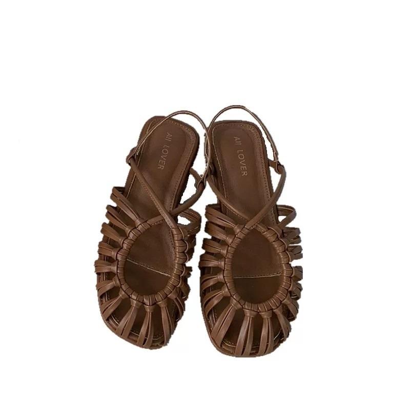 Fashion Retro Open-toe Thin Strap Woven Straw Sandals, One-strap Fashion Roman Shoes, Summer 2025 Fashionable and Versatile Flat Sandals