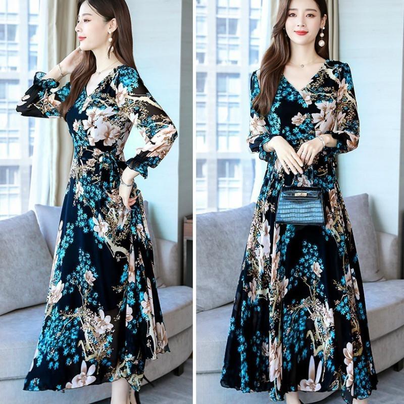 Langermet V-halskjole Kvinner Høst Slim Fit Lang A-linje stort skjørt