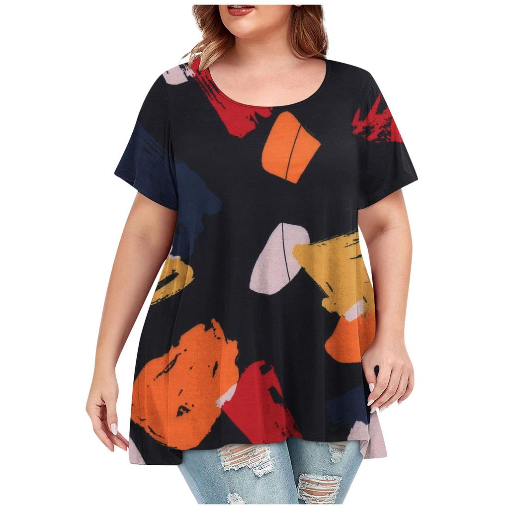 Womens Short Sleeve Casual Loose Printed O-Neck Tops -Shirt Plus Size