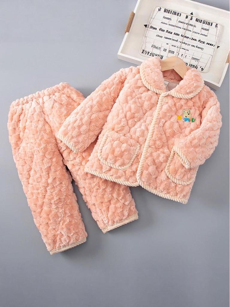 Kids' Autumn/Winter Three-Layer Quilted Pajama Set - Thick Coral Fleece Flannel