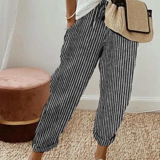 Women's Summer Fashionable Loose Stripe Printed Elastic Waist Drawstring Casual Pants