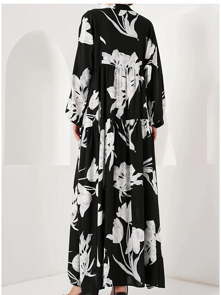 Elegant Noble Floral Print Black Robe - Arab Muslim Middle Eastern French Long Dress