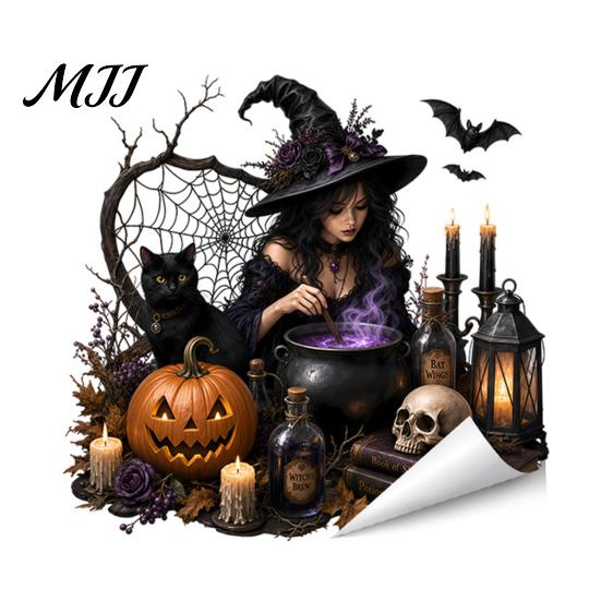 Witch Black Cat Pumpkin Skull Decals Halloween Witch/Black Glass Stickers, Double-sided PVC Waterproof Window Clings, Removable Static Holiday