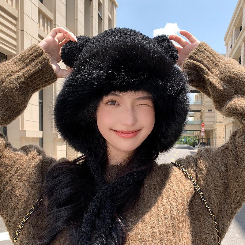 Autumn and winter warm ear protection knitted hat versatile thickened cold-proof plush bear ears wool hat female