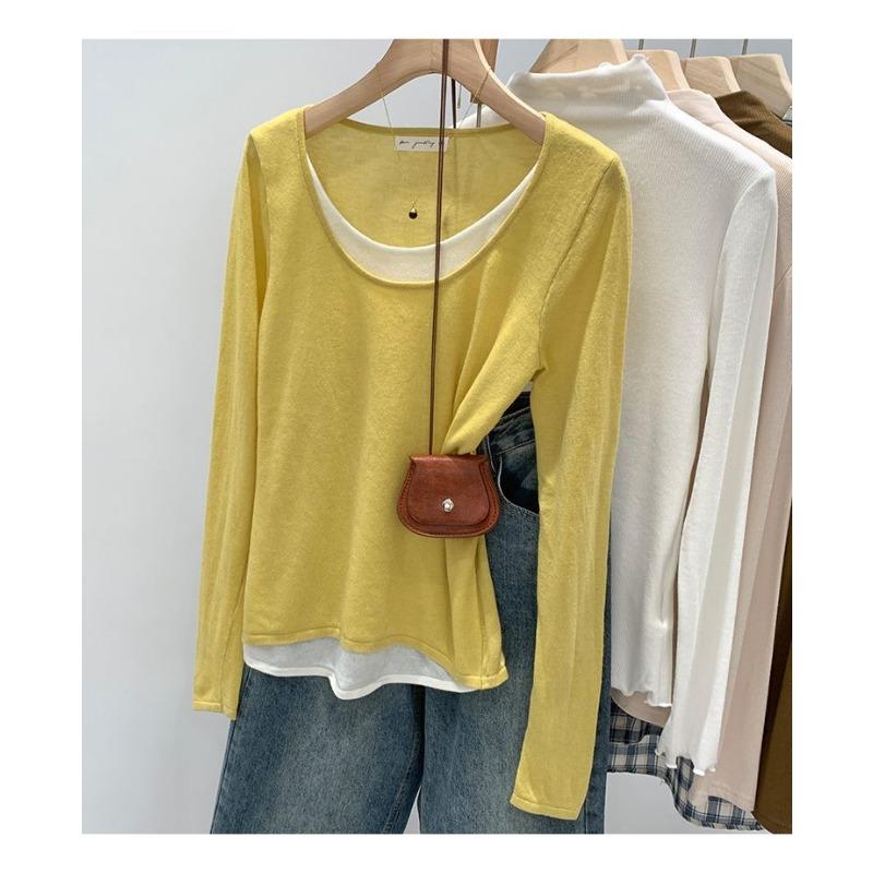 Spring Autumn Fake Two Pieces Loose Casual Fashion Sweater Women Long Sleeve Patchwork Knitting Bottomed Top