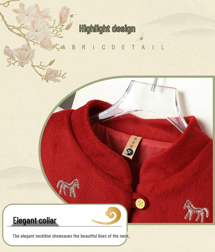 2026 Spring Women's Chinese New Year Embroidered Cardigan – Horse-Themed Wool Coat for Mothers & Mother-in-Laws