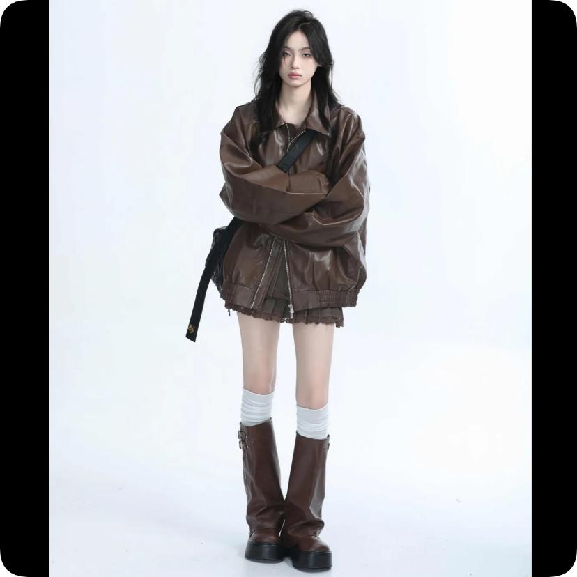Brown Motorcycle PU Leather Jacket Women's Autumn American Retro Loose Jacket Trend
