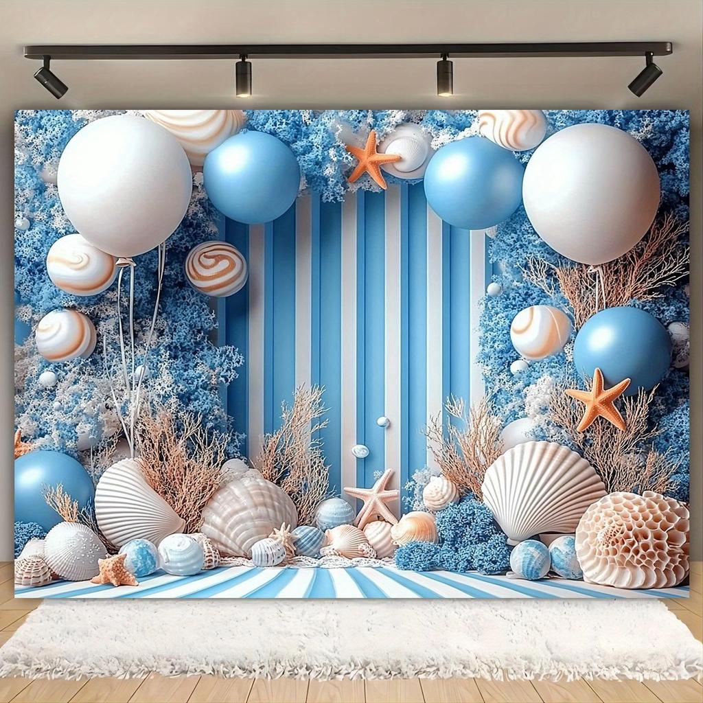 1 2D party background with an ocean theme, decorated in a beach holiday style, featuring shells, starfish and balloons