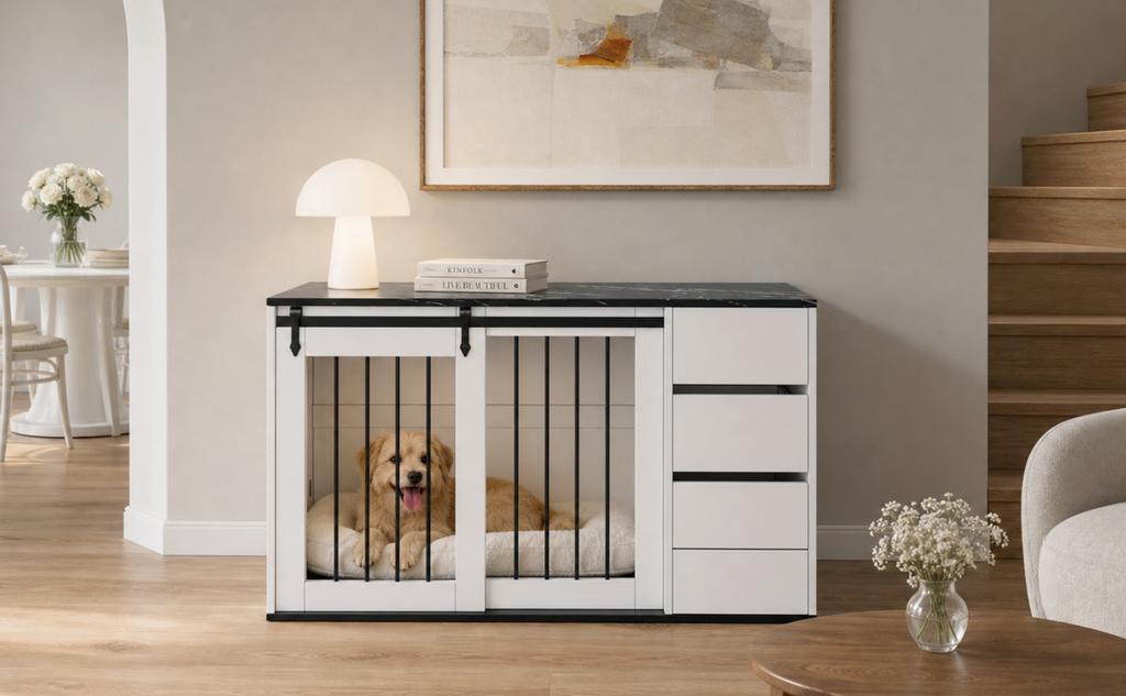 2-in-1 Hundebox, Holz-Metall, als Beistelltisch, für kleine bis mittelgroße Hunde, 140 x 60 x 87 cm, Weiß, Tischplatte mit schwarzer Marmor-Effekt-Folie