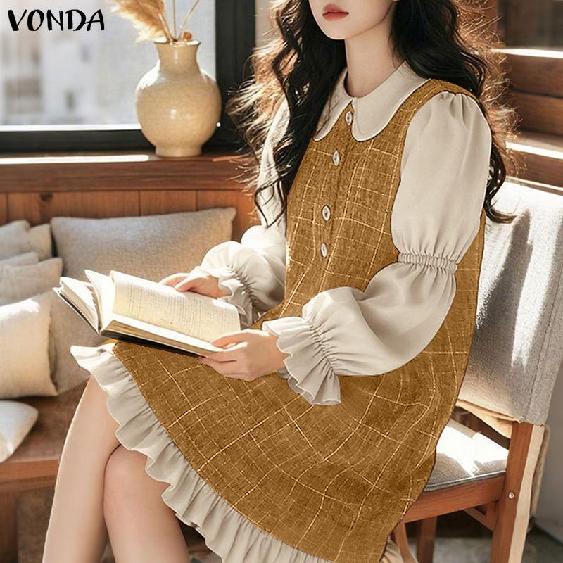 VONDA Women Lapel Neck Casual Long Sleeve Retro Plaid Patchwork Ruffled Shirts Dress