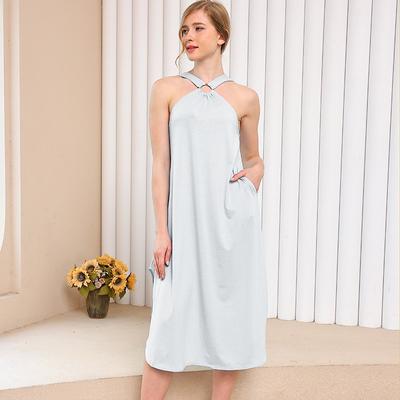 Spring and Summer New Women's Solid Color Shoulder Hanging Neck with Pocket Casual Dress
