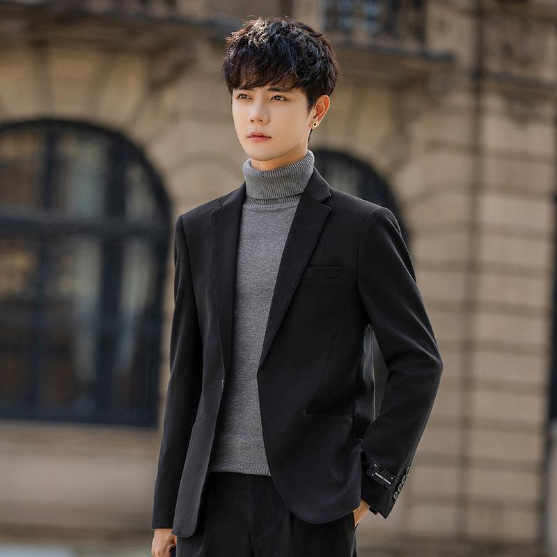 Autumn and Winter Thick Woolen Suit Casual Retro Dark Gray Fashion Single West Business Slim Fit Non-ironing Advanced Sense