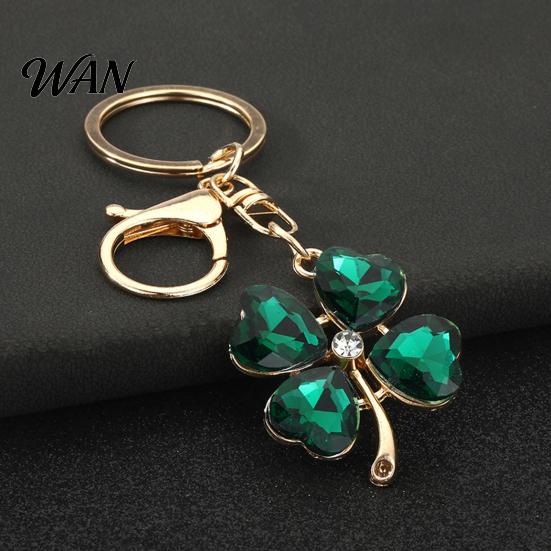 Blue Rhinestone Keychain Pendant Sparkling Rhinestones Four-Leaf Clover Design Key Chain with Electroplated Lobster Clasp Easy to Hang Holder Backpack
