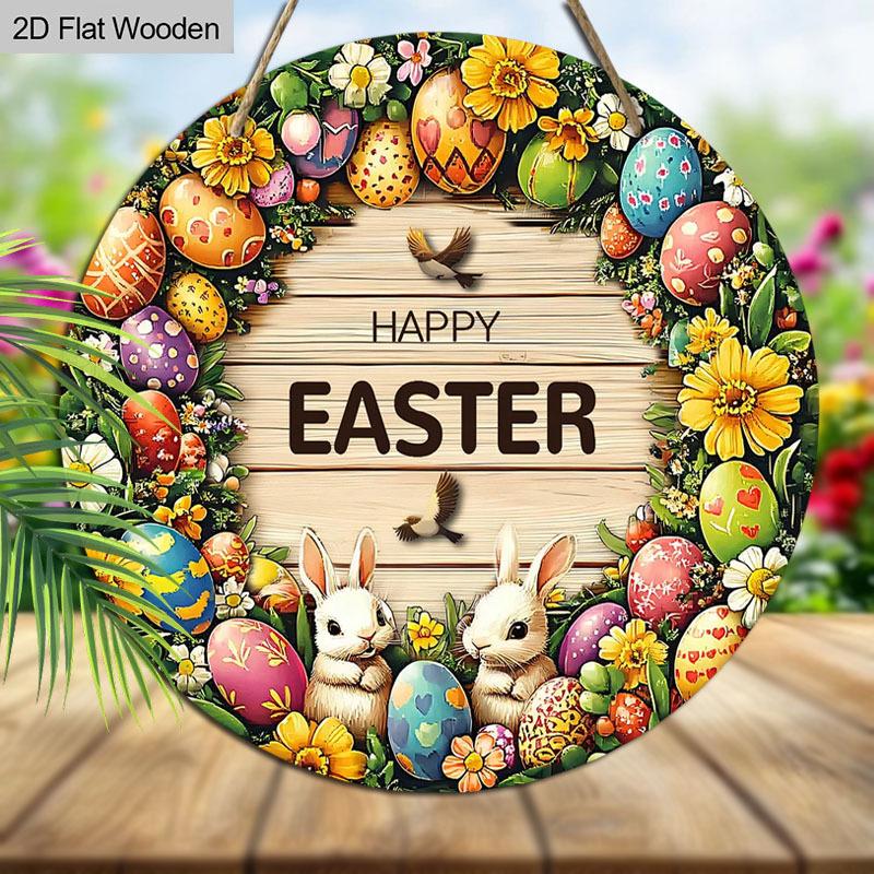 2D Flat 1pc Happy Easter “Egg Wreath” Sign Wooden Round Plaque, Spring Garden Courtyard Balcony Decor, Indoor/Outdoor Statue Wall Hanging Home Decor