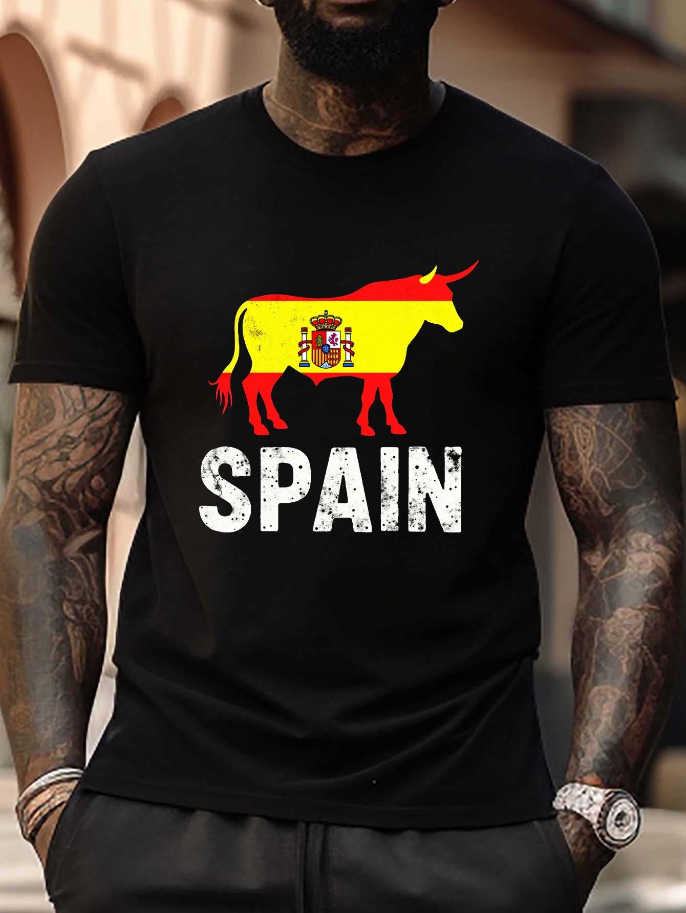 Spanish Bull Flag Spain Graphic T-shirt - Plus Size Black Casual Short Sleeve Tee with Distressed SPAIN Lettering & National Emblem XXL