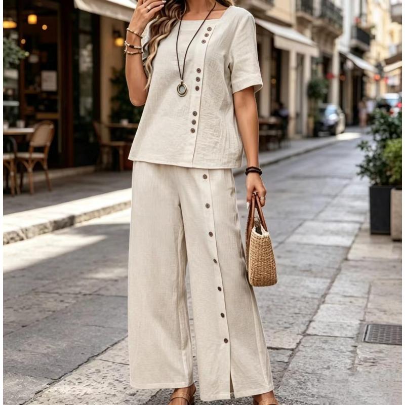 Fashion Casual Loose Two-piece Short-sleeved Top and Loose Wide-leg Pants for Women