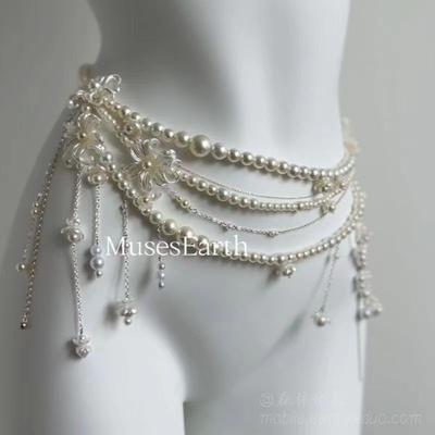 Viacvrstvový pásový reťaz s kvetinovými strapcami a perlami, vysoko kvalitný, osobný, módny temperament, dámske pásne doplnky