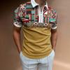 Mens Casual Houndstooth Color Block Short Sleeve Zip Up Polo Shirt