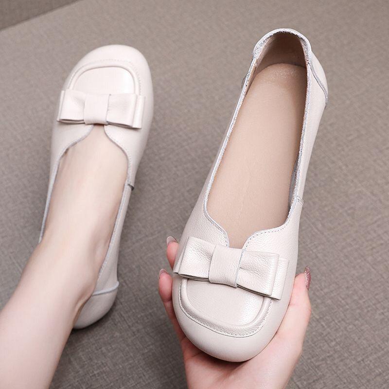 2026 Spring/Summer New Large Shallow Cowhide Soft Flat Women's Shoes
