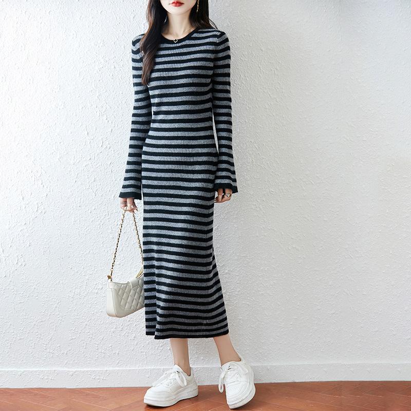 

Женское платье-свитер 100% шерсть MODERN NEW SAGA с круглым вырезом, полосатой вязки, длинный пуловер, зимние джемперы, шерстяное длинное платье женское S темно серый