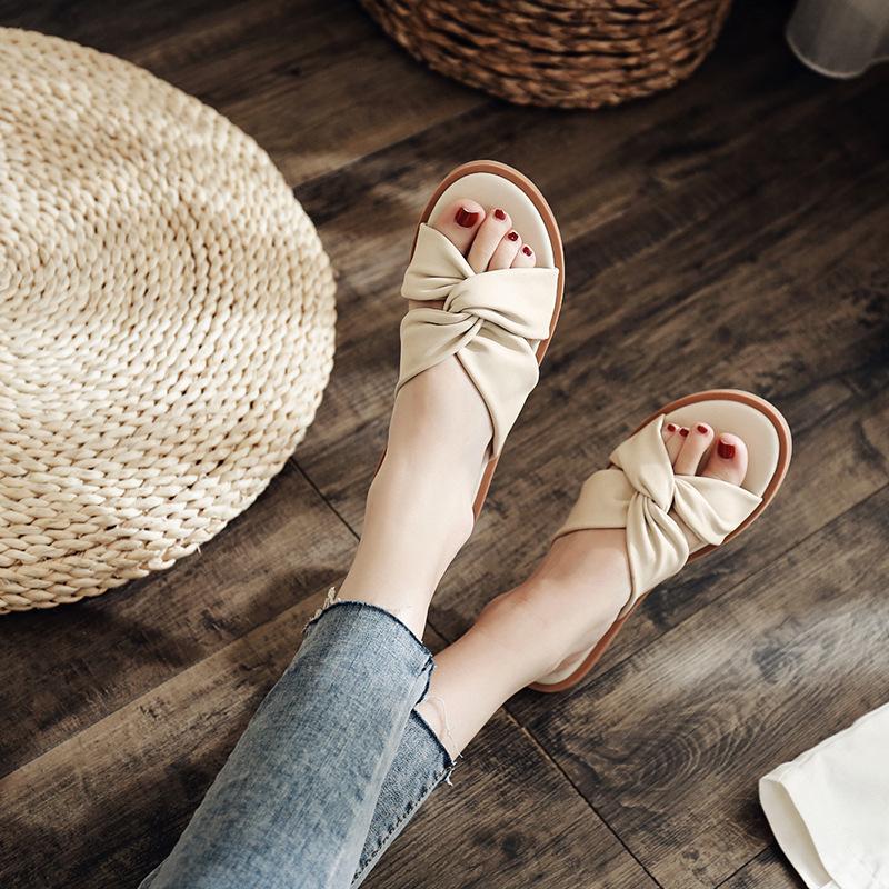 

Fashion Soft Leather Twist Bow Slippers Woman Brief Cross Band Sandals Low Heels Slides Beach Shoes Summer Ladies Flipflops Casual Clogs 5