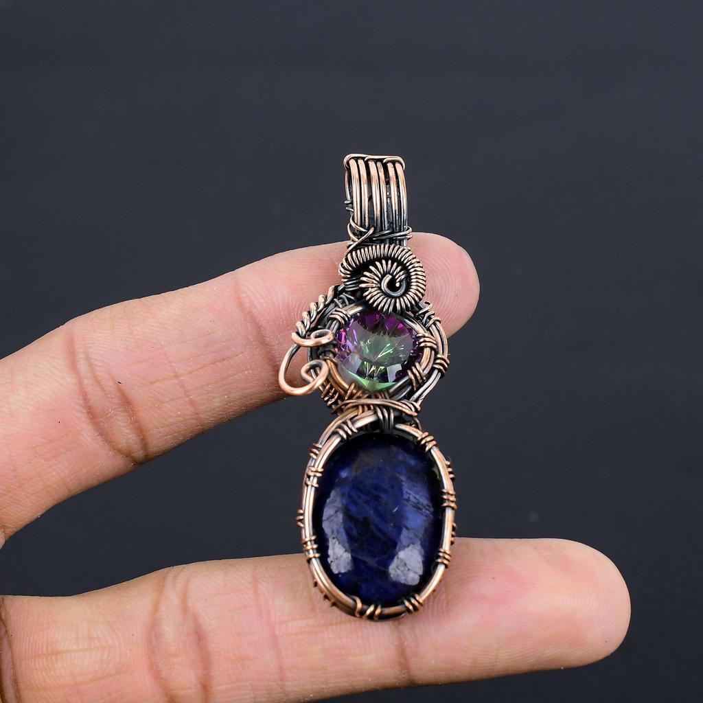 Blue Sapphire Pendant, Handmade Gemstone Pendant, 999 Copper Wire Wrapped Pendant Antique Jewelry, For Engagement Gift