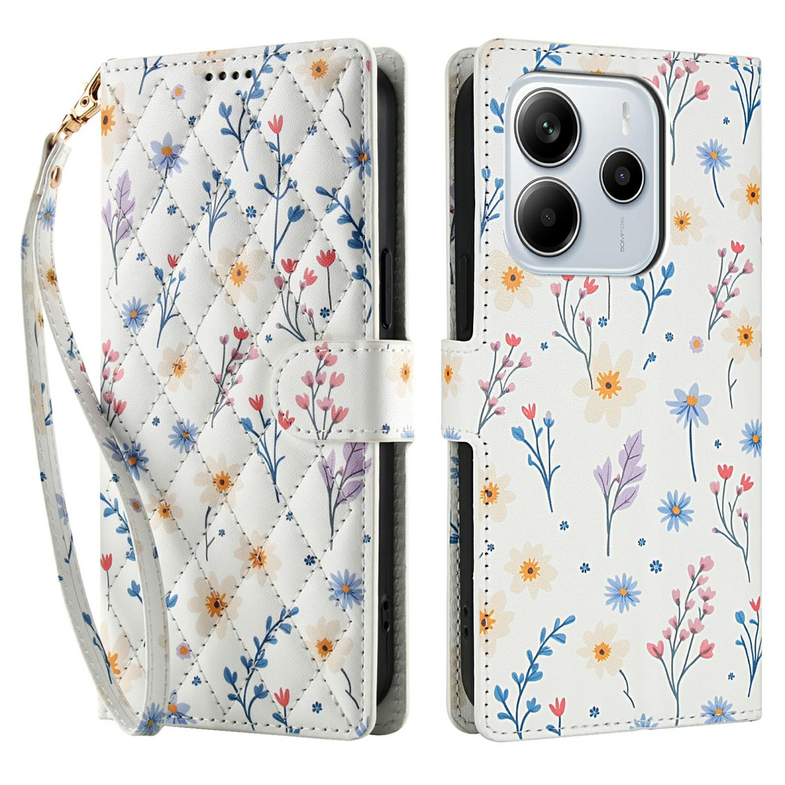 

Wallet Case for Xiaomi Redmi Note 14 5G/Poco M7 Pro 5G Rhombic Floral Design Leather Flip Phone Cover with Strap