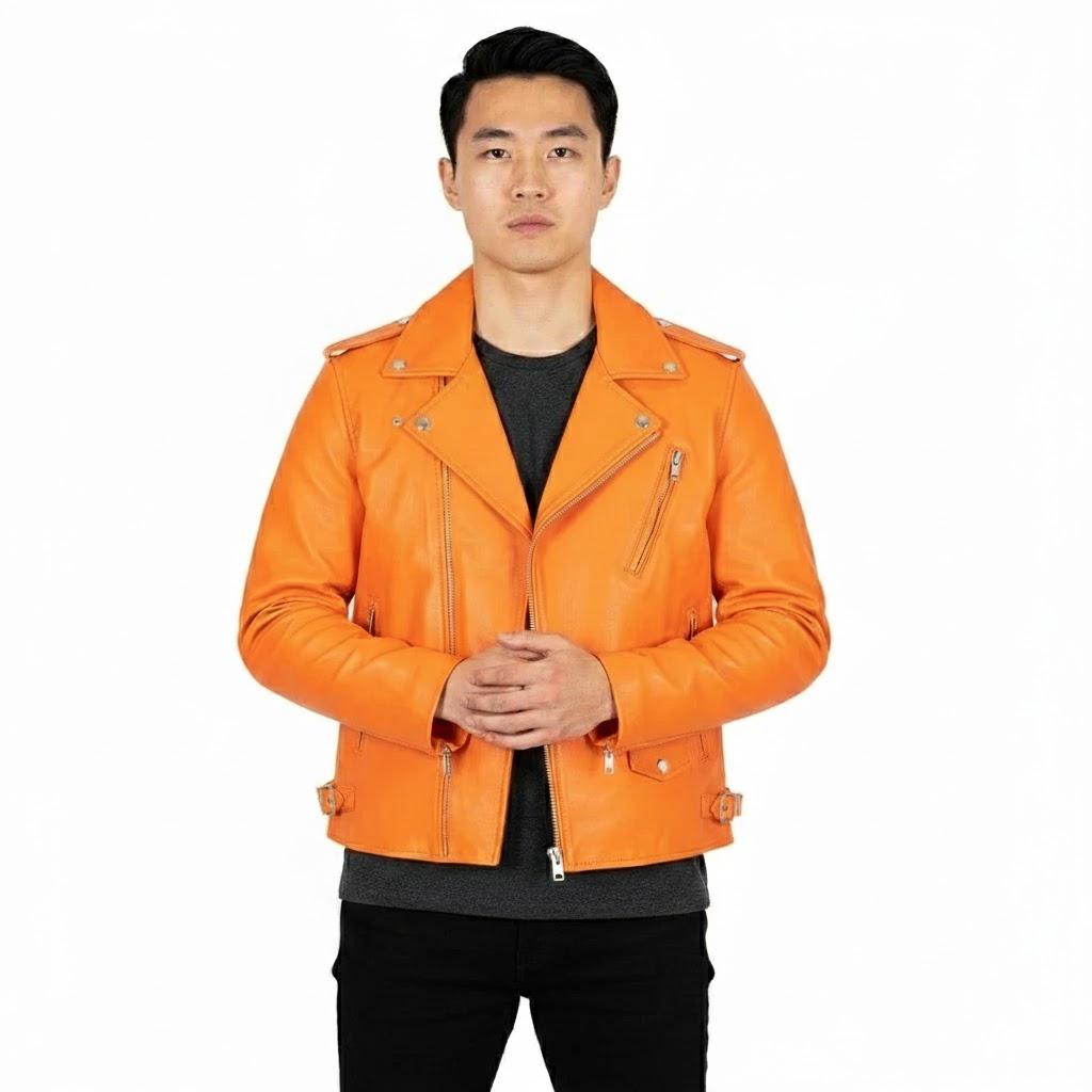 Genuine Soft Causal Motorcycle Fit Leather Handmade Men's Jacket Orange Lambskin