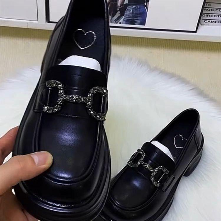 Platform Loafers Women's 2025 Autumn New Versatile Retro Fashion Stacked Wearing JK Rhinestones British Style Small Leather Shoes Women