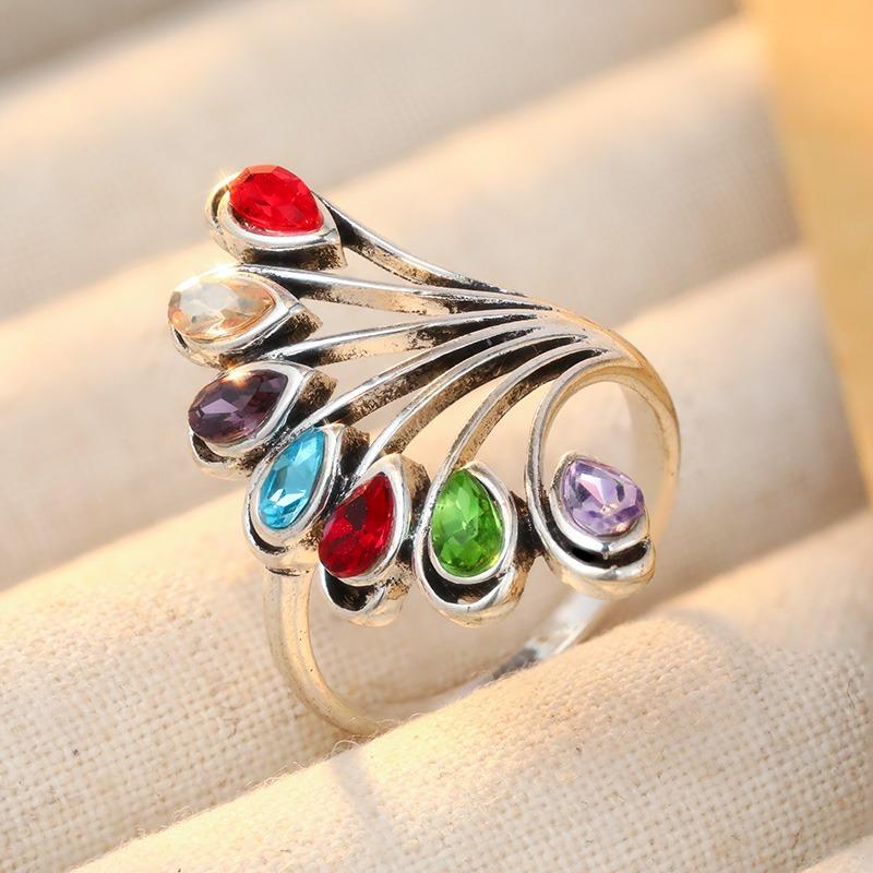 Dazzling Inlaid Multicolored CZ Women's Ring Ethnic CopperColor Hand Carving Daily Wear Party Jewelry Anniversary Gift