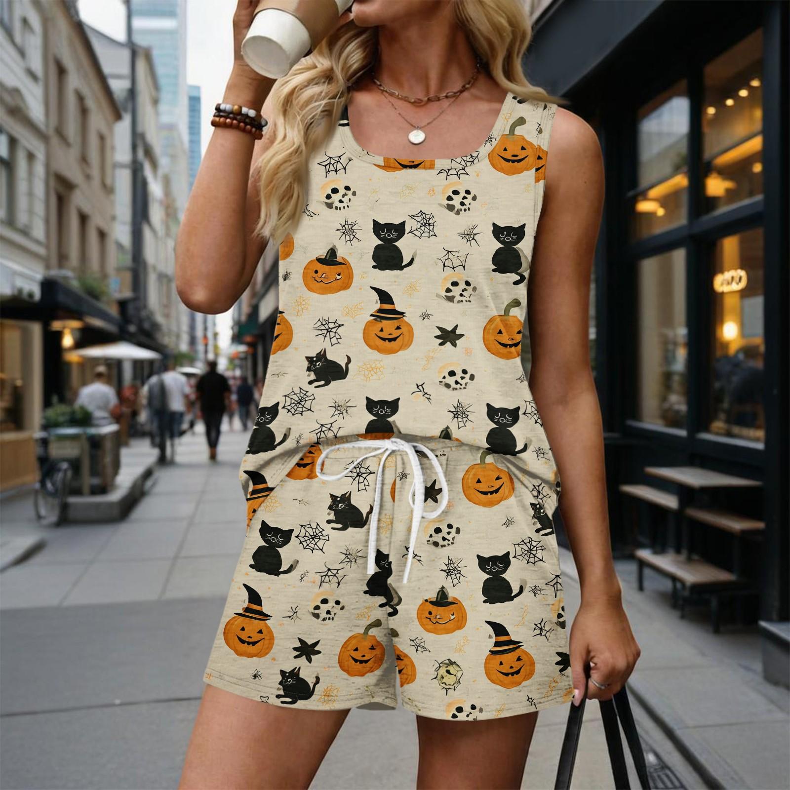 Women s Fashionable Casual Halloween Color-Block Printed Sleeveless Set S