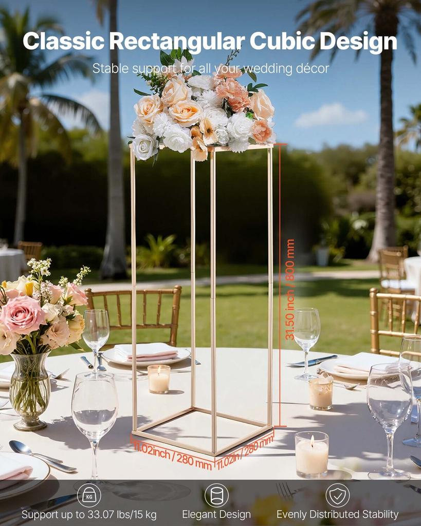 Wedding Flower Stand, 10PCS 80cm Column Flower Stand, Floral Stands with Metal Laminate, Gold Rectangular Floral Display Rack for Wedding, Party,