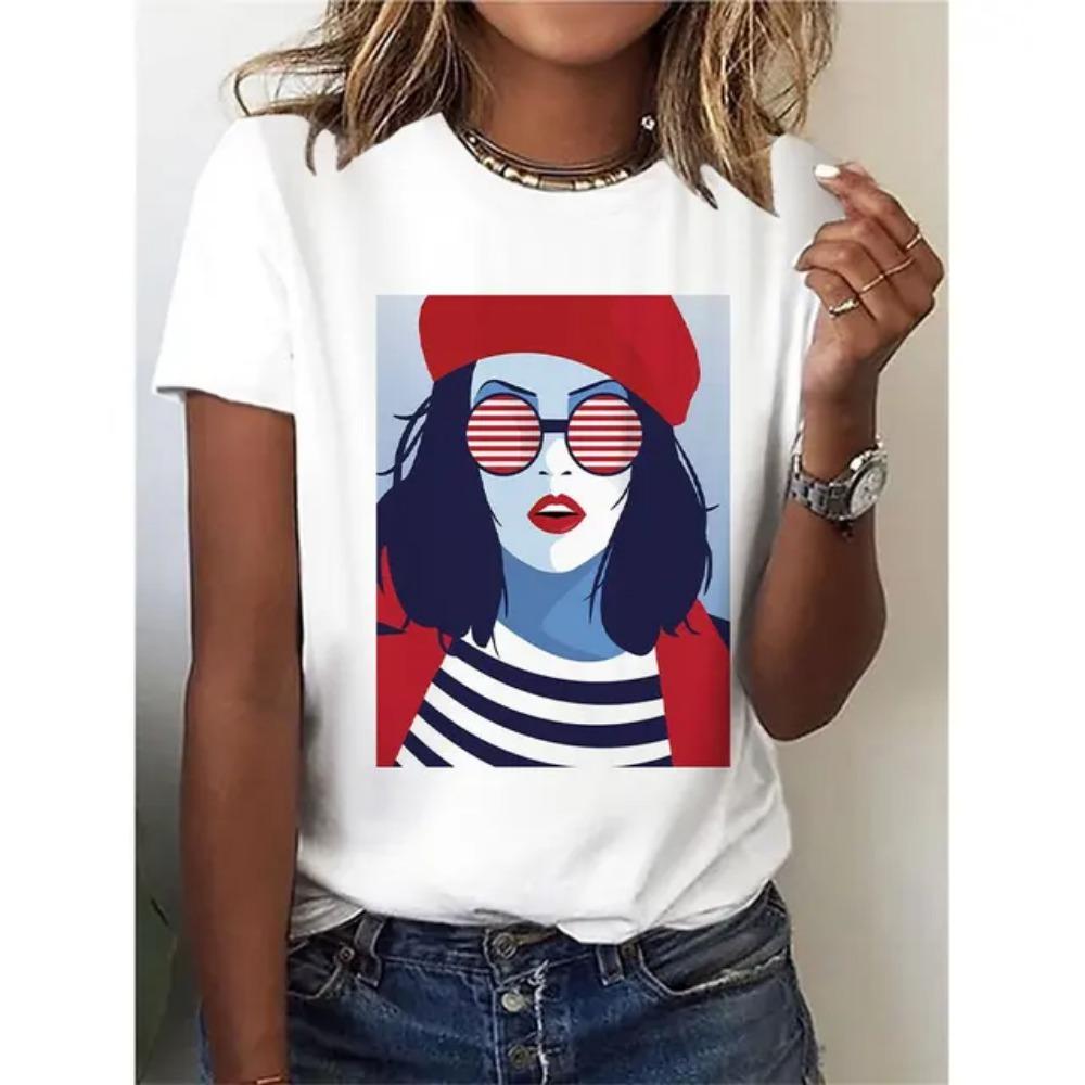 3D Printed Short-sleeved Fashionable Women's T-shirt, Round-neck Top, Casual Sporty Short-sleeved