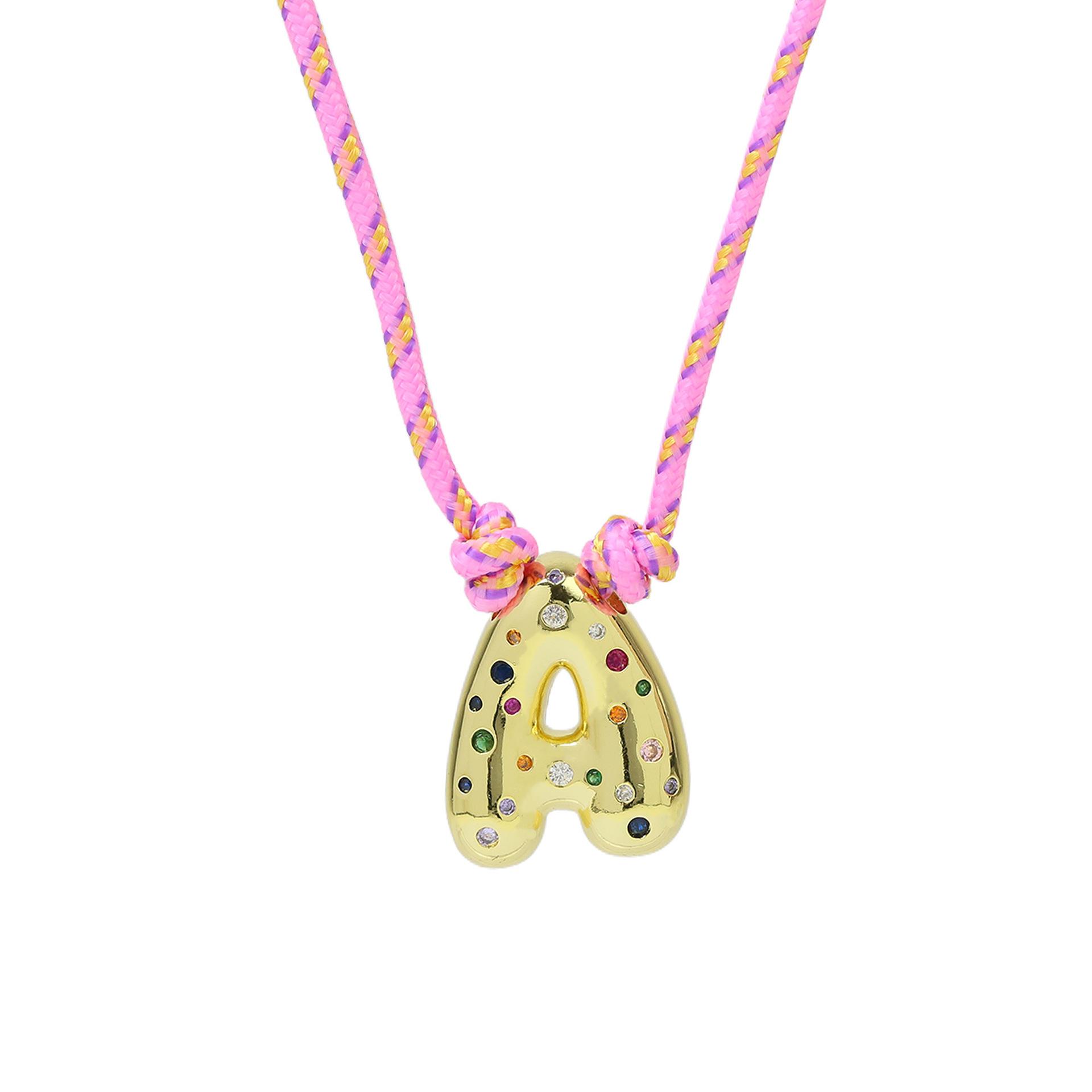 Colorful Cubic Zirconia 18K Gold Plated Chunky Bubble Letter Pendant Necklace for Women Fashion Pink Rope Chain Jewelry Gifts