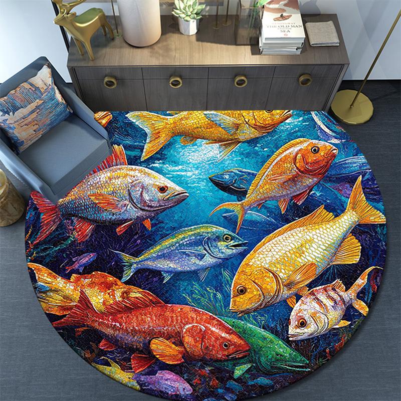 Ocean Fishes Round Area Rug,Carpet Rug for Living Room Bedroom Sofa Playroom Decor,Non-slip Floor Mat