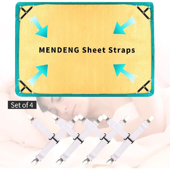 MENDENG Bed Sheet Straps Queen Fitted Sheet Straps Sheet Holders for Corners King Size Mattress Straps Suspenders Gripper White 4P