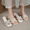 Fashion Women's Summer 2025 Hot Selling French Style New Korean Edition Versatile Open Toe Mid Heel Thick Heel Fairy Pearl Cool Slippers