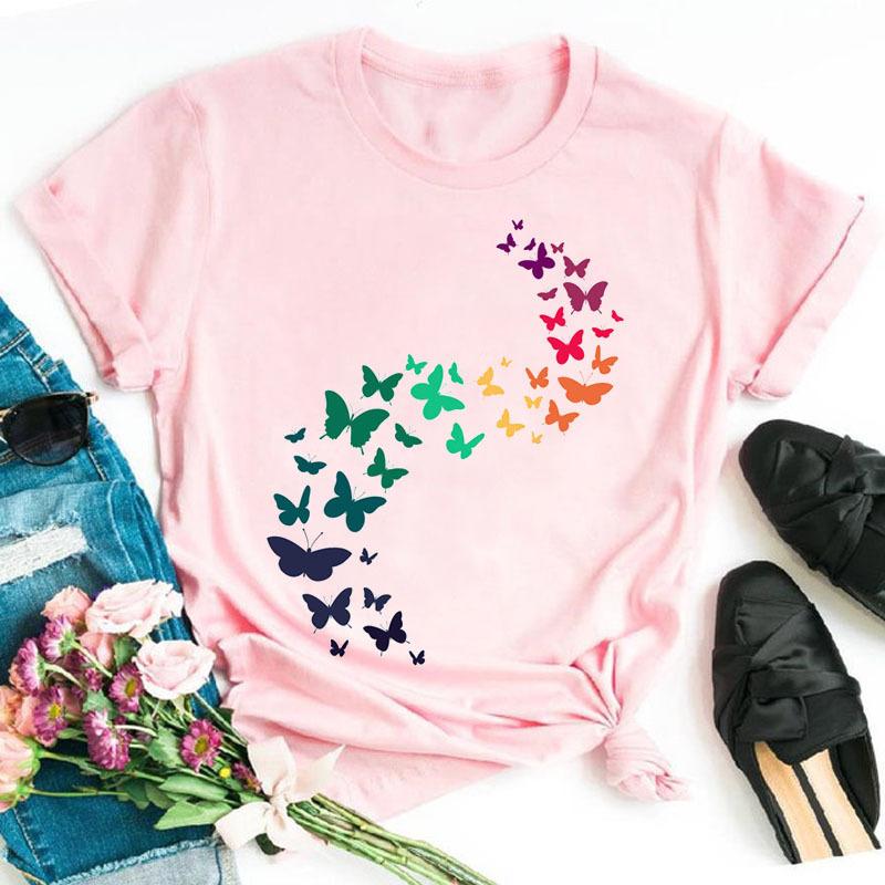 Fashionable Plus Size Color Butterfly Print Simple Base Shirt Loose Fitting Clothes Pure Cotton T-Shirts Women’s