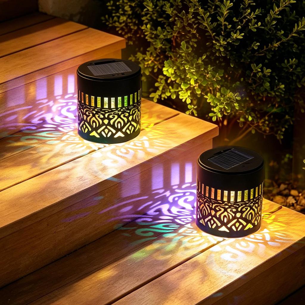 Solar Powered Decorative Lantern Set of 4 Mandala Pattern Outdoor Garden Lights with Metal Frame and Integrated Solar Panel for Pathway Patio Deck
