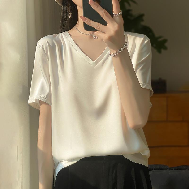 

Женская летняя футболка с короткими рукавами, 50% шелка тутового дерева, 50% полиэфирного волокна, удобная и дышащая XL белый