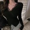 Stylish Black Lace V-Neck Slim-Fit Knitted Top for Women 2025