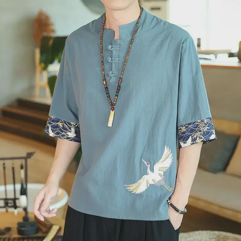 Men’s Chinese Crane Embroidery Cotton-Linen Short-Sleeve T-Shirt