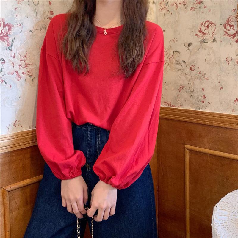 2025 Spring Women's Solid Color Lantern Sleeve Loose T-Shirt