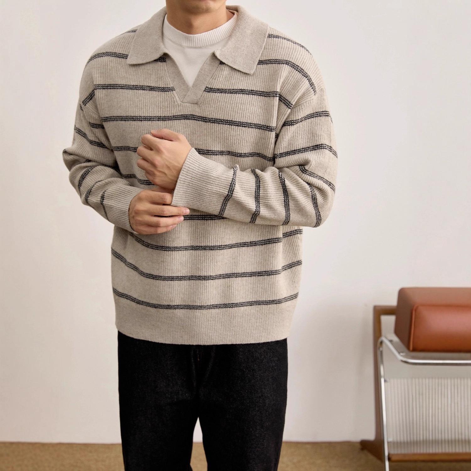 Men s Retro Color Block Polo Neck Knit Sweater, Fake Two-Piece V-Neck, Hong Kong Style Casual Top for Autumn/Winter L бежевый
